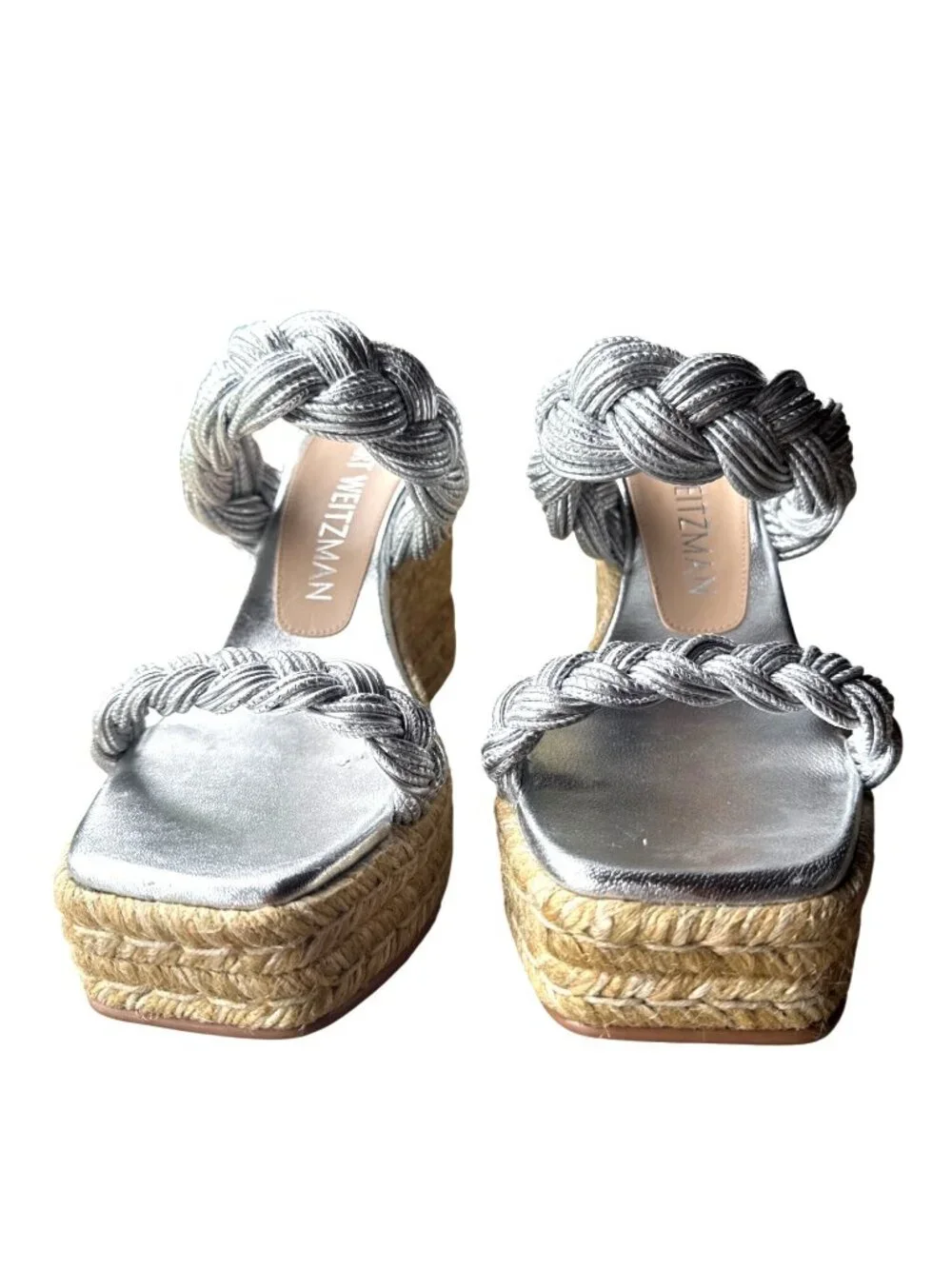 Stuart Weitzman Silver Braided Rope Strap Espadrille Wedge Sandals Sz 8 Spain
